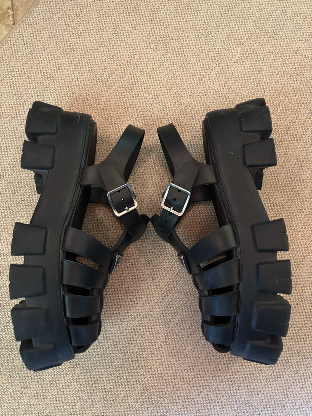 Prada Black Fisherman Sandals with Logo Plaque - Picture 11 of 15